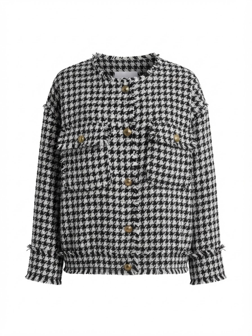 Cato Black & White Houndstooth Frayed Tweed Jacket with Gold Buttons